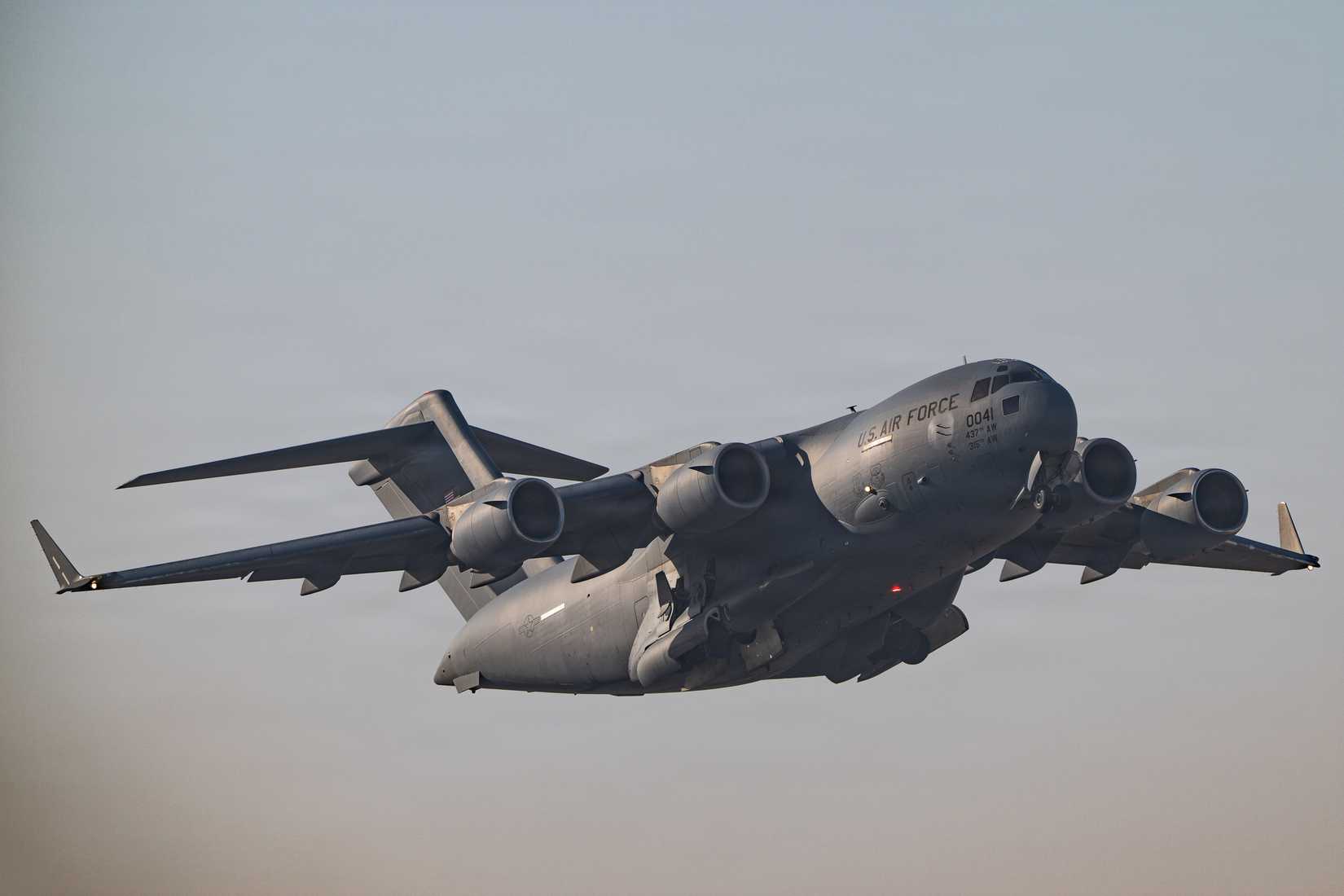 A C-17 Globemaster III aircraft takes off during a readiness exercise within the U.S. Central Command area of responsibility Jan. 22, 2026.