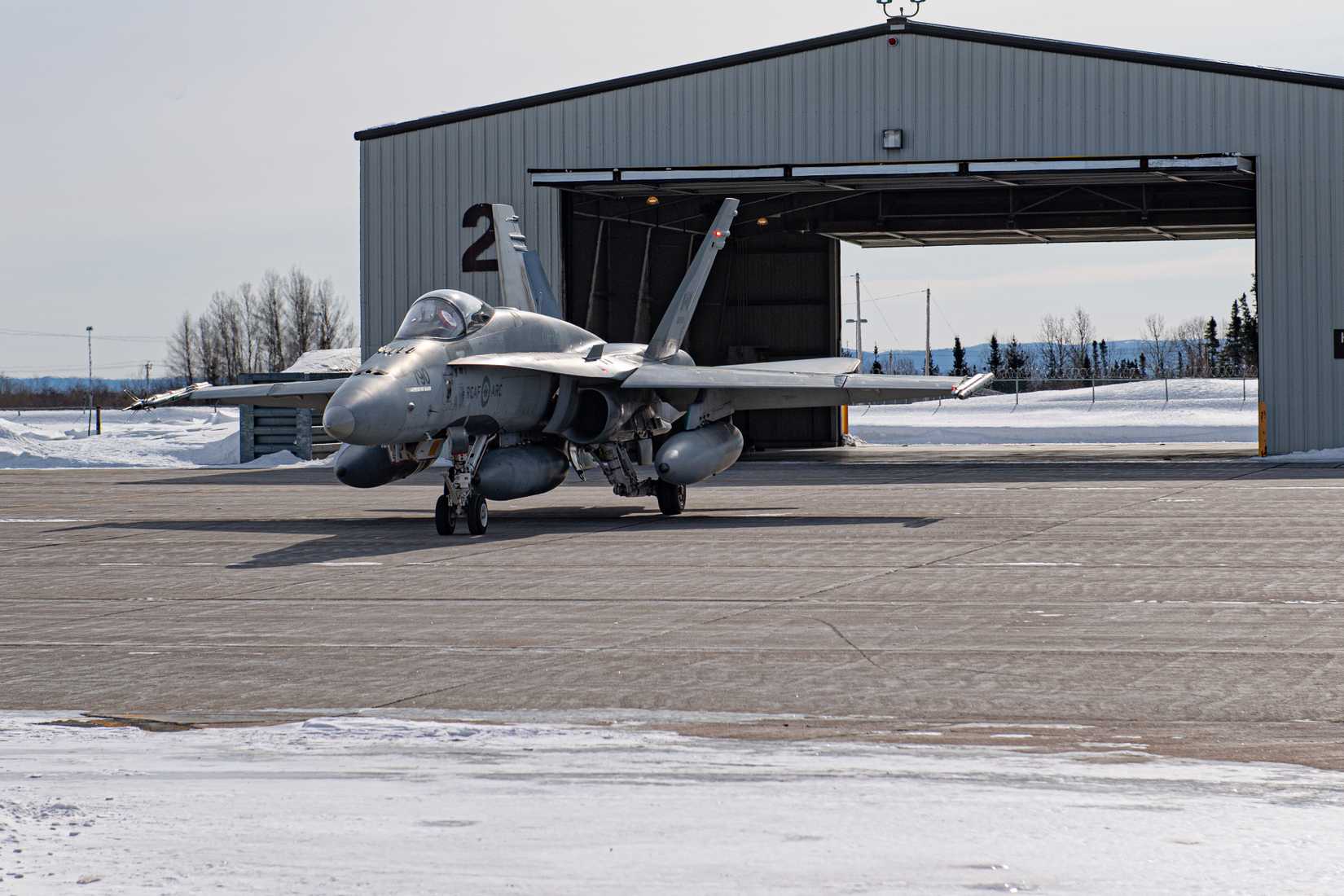 A Royal Canadian Air Force CF-18 fighter jet from 433 Squadron prepares for flight at 5 Wing, Goose Bay