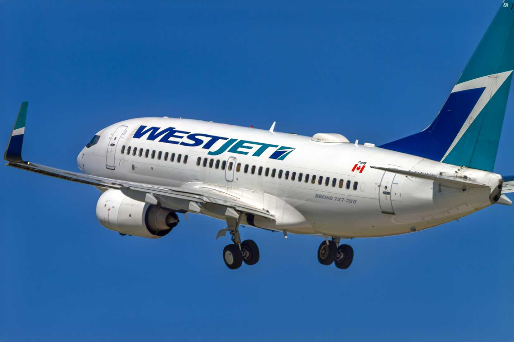 A WestJet Boeing 737 departing London International Airport in London, Ontario, Canada.