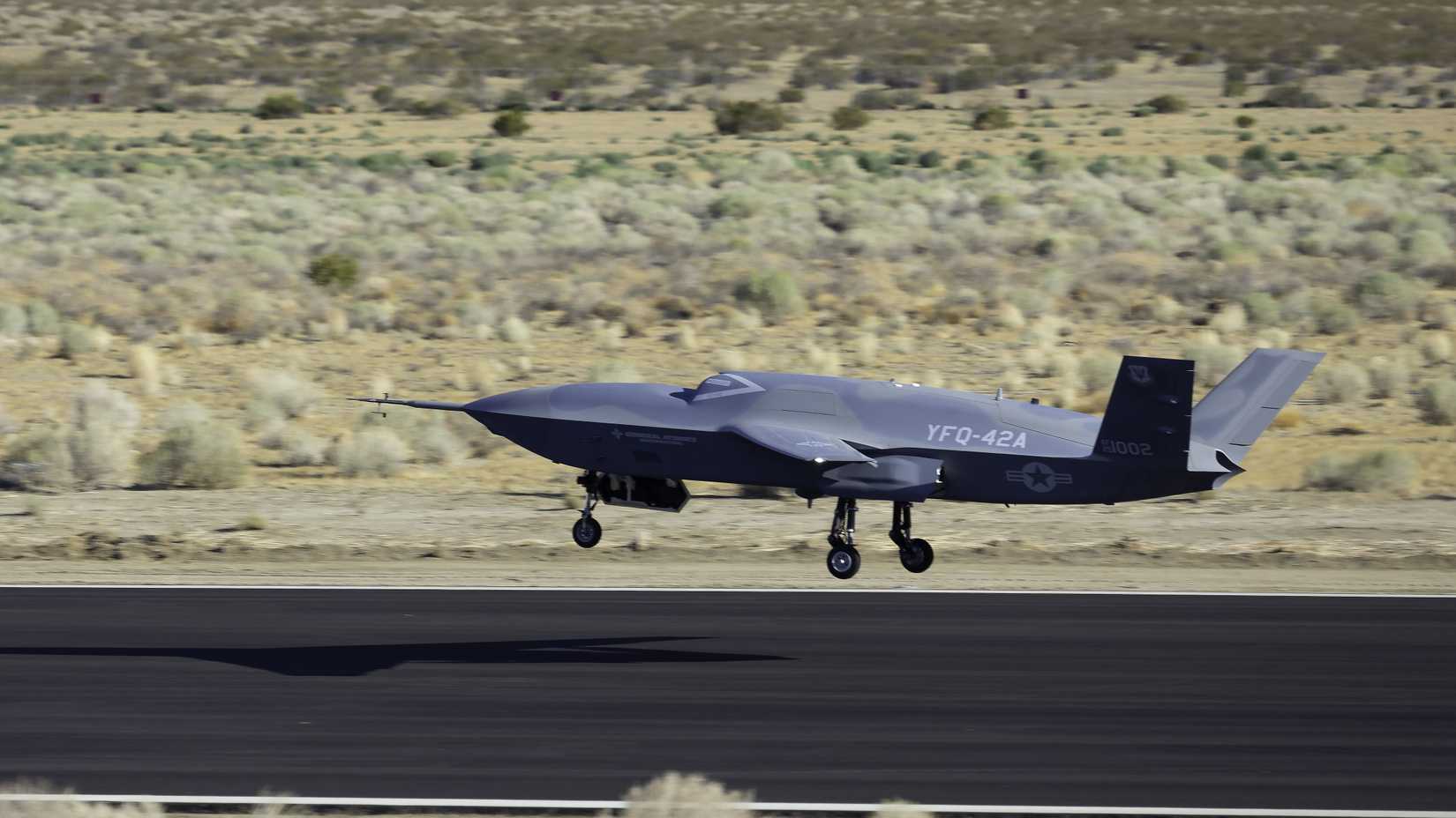 A YFQ-42A Collaborative Combat Aircraft lands after a test flight at a California test location.