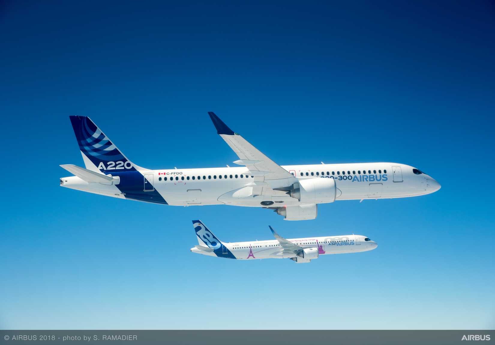 A220-300 and A321LR in flight