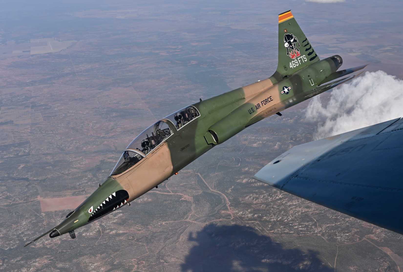 Air Force Capt. Chaelon Notice, 469th Flying Training Squadron instructor pilot, maneuvers over north Texas at Sheppard Air Force Base, Texas, July 2026