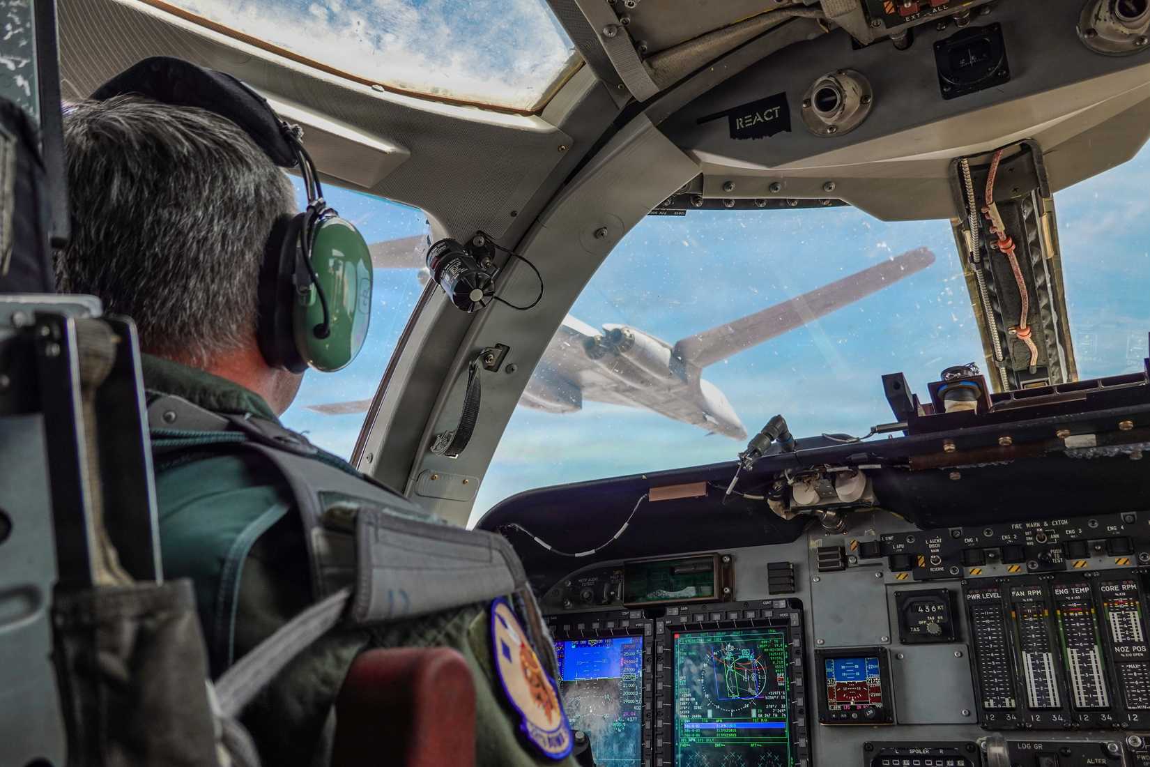 Air Force Chief Master Sgt. Shawn M. Aiello, Air Force Global Strike Command command chief, in a B-1B Lancer during a local training sortie