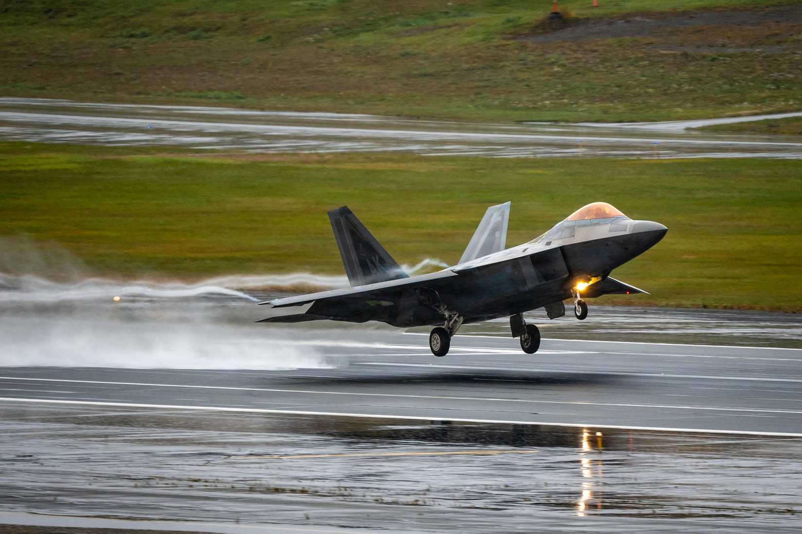 Air Force F-22 Raptor aircraft assigned to the 90th Fighter Squadron takes off on the flight line at Joint Base Elmendorf-Richardson, Alaska, Sept. 30, 2026.