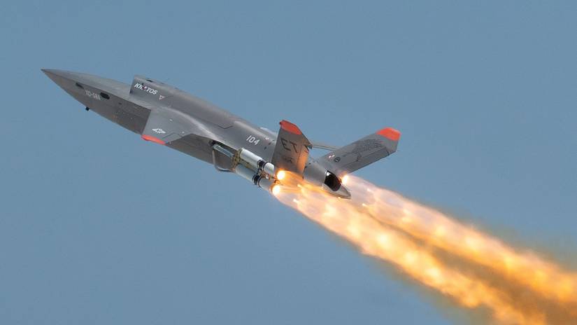 Air Force XQ-58A Valkyrie, an autonomous, low-cost tactical unmanned air vehicle, flies over Eglin Air Force Base’s Gulf Test and Training Range.