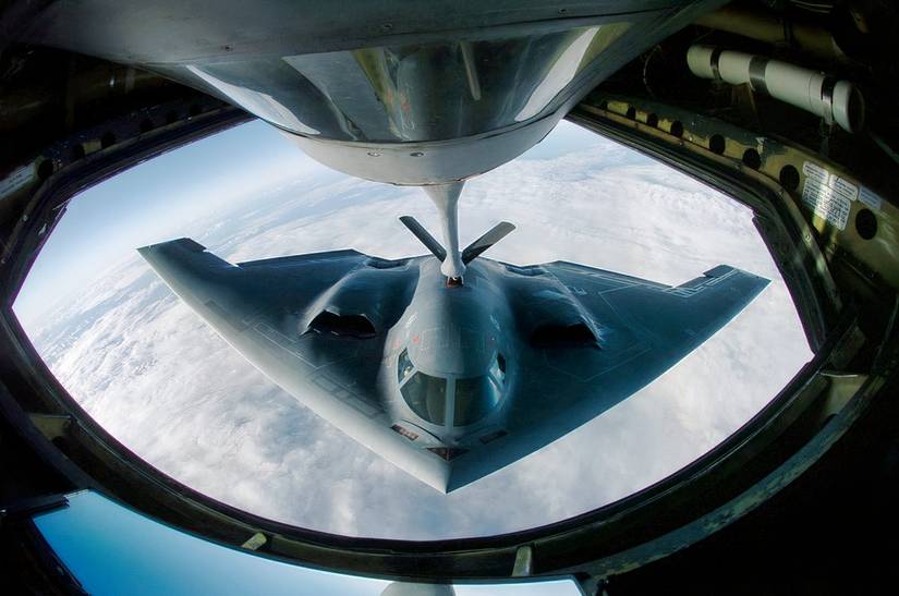 An Air National Guard KC-135 refueling a B-2.