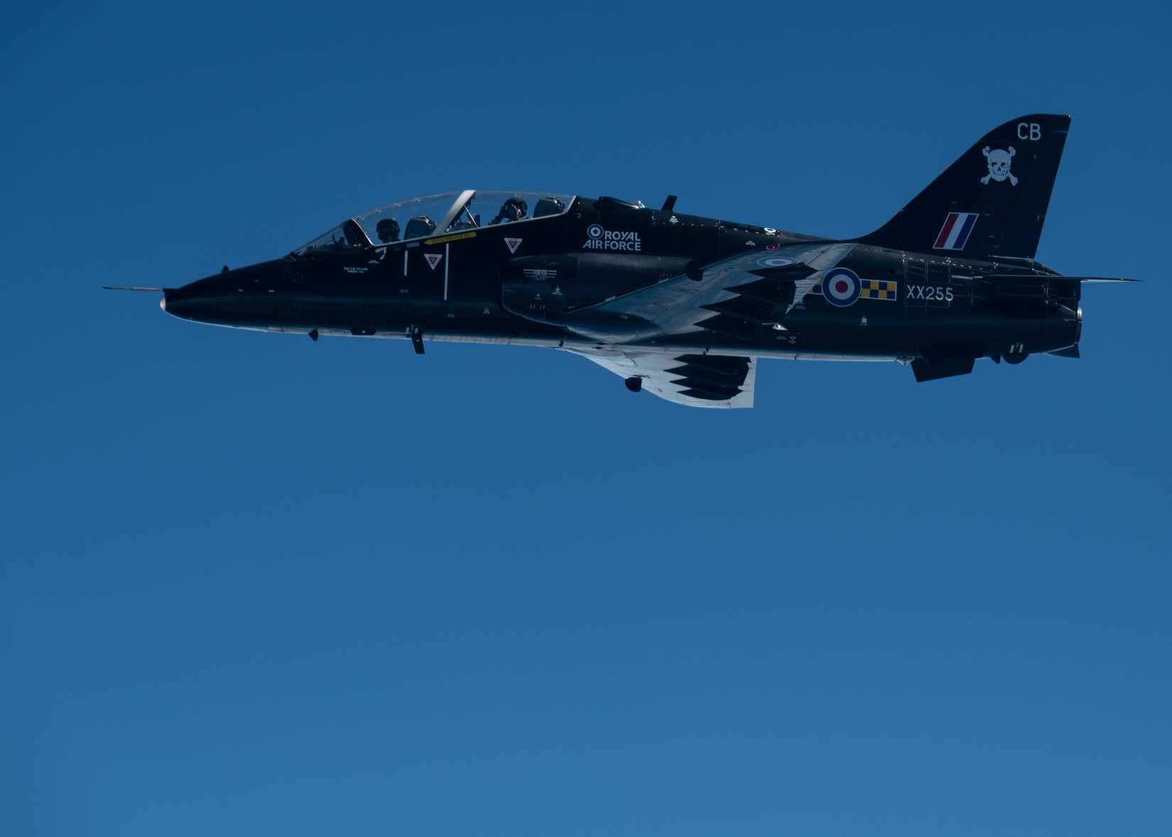 An English Royal Air Force Hawk T2 flies during the 2021 mission, Allied Sky