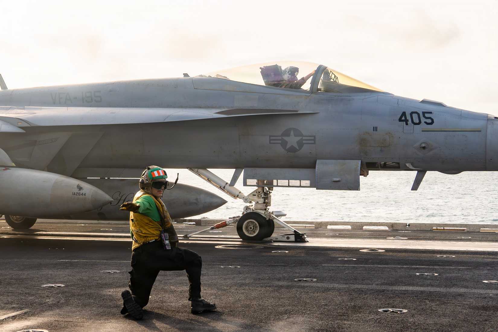 An F-18 Super Hornet attached to Strike Fighter Squadron (VFA) 195