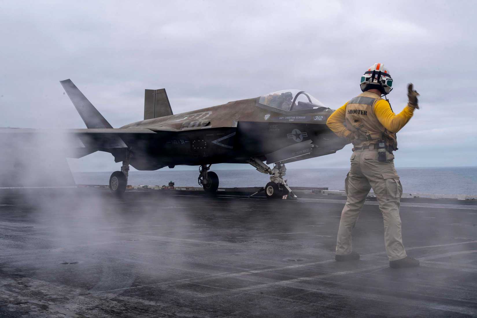 An F-35C Lightning II, assigned to Marine Fighter Attack Squadron (VMFA) 314, prepares to launch from the flight deck of Nimitz-class aircraft carrier USS Abraham Lincoln (CVN 72)