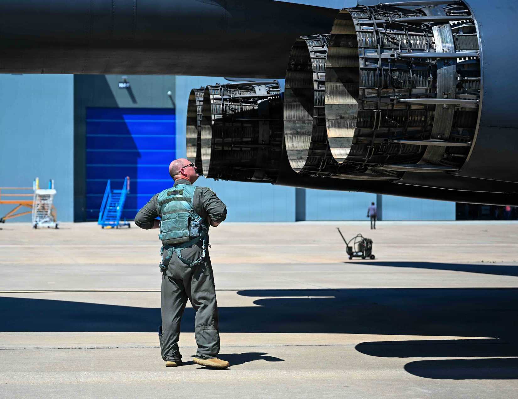 Col. Andrew Marshall, 489th Bomb Group, commander, performs final inspections of a B-1B Lancer from Dyess Air Force Base, Texas, before takeoff, 2026.