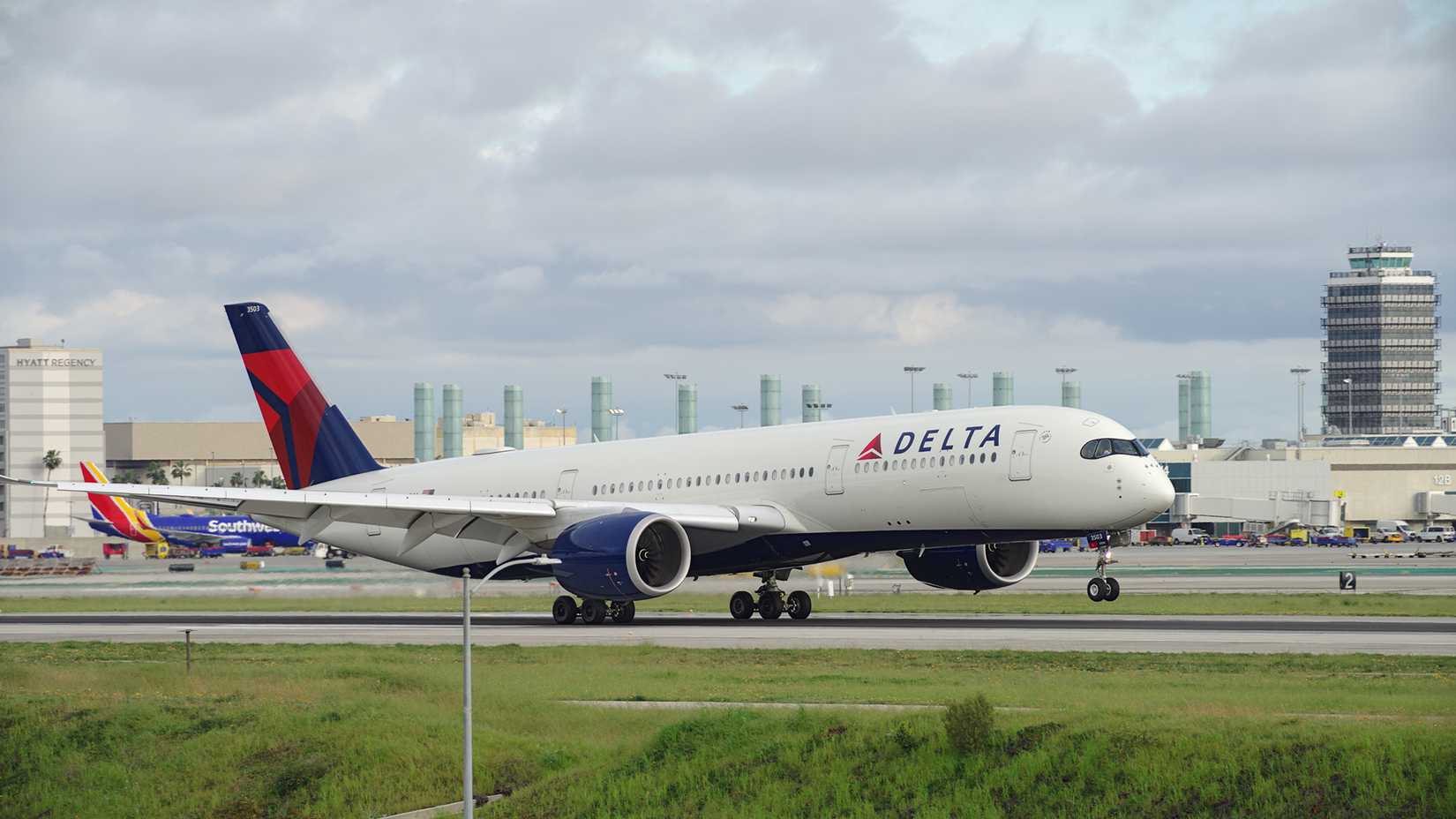 Delta Air Lines Airbus A350-900 touching down at Los Angeles International Airport