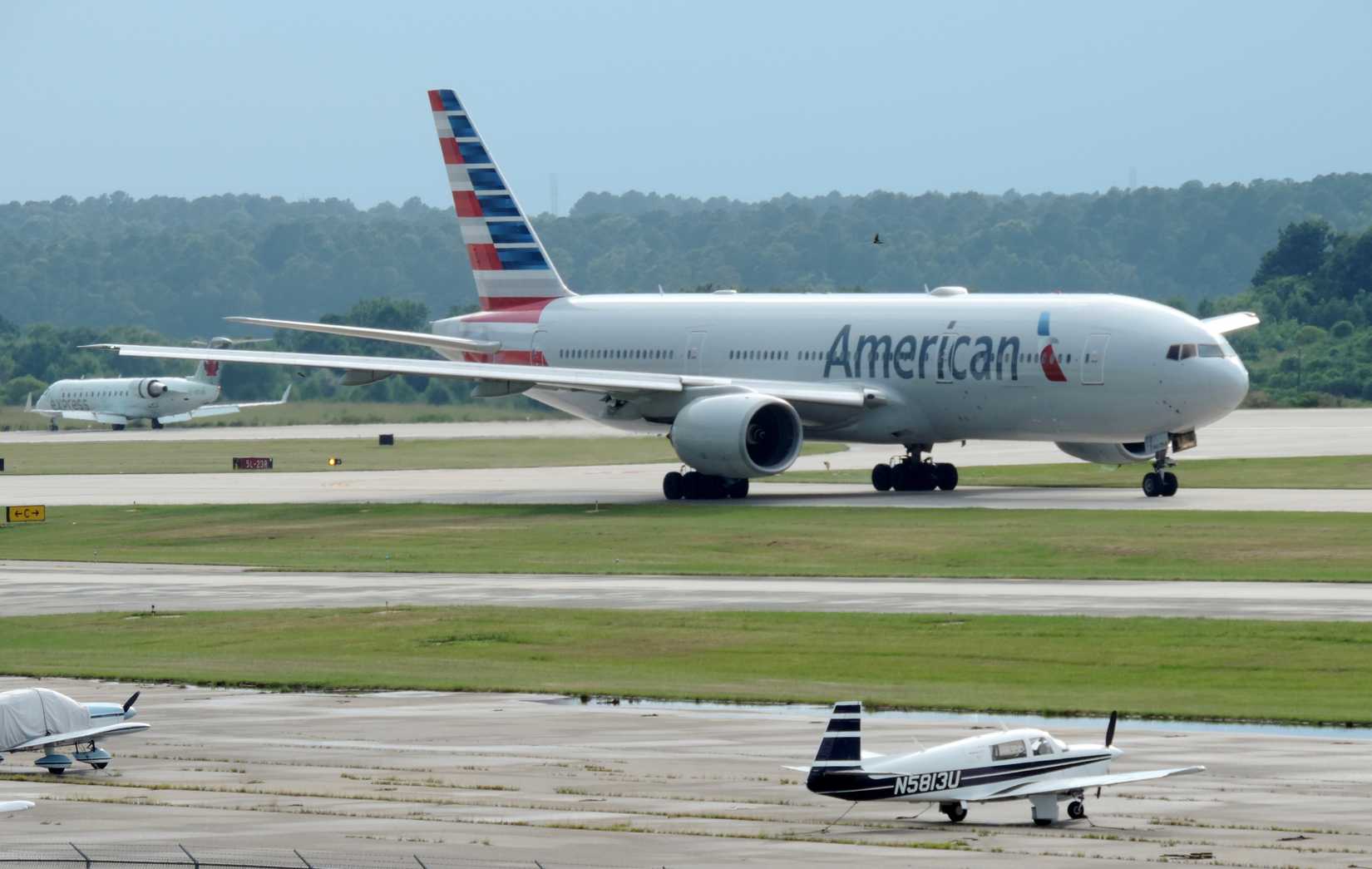 An American Airlines Boeing 777 taxiing at Raleigh/Durham International Airport (RDU) bound for London-Heathrow (LHR)