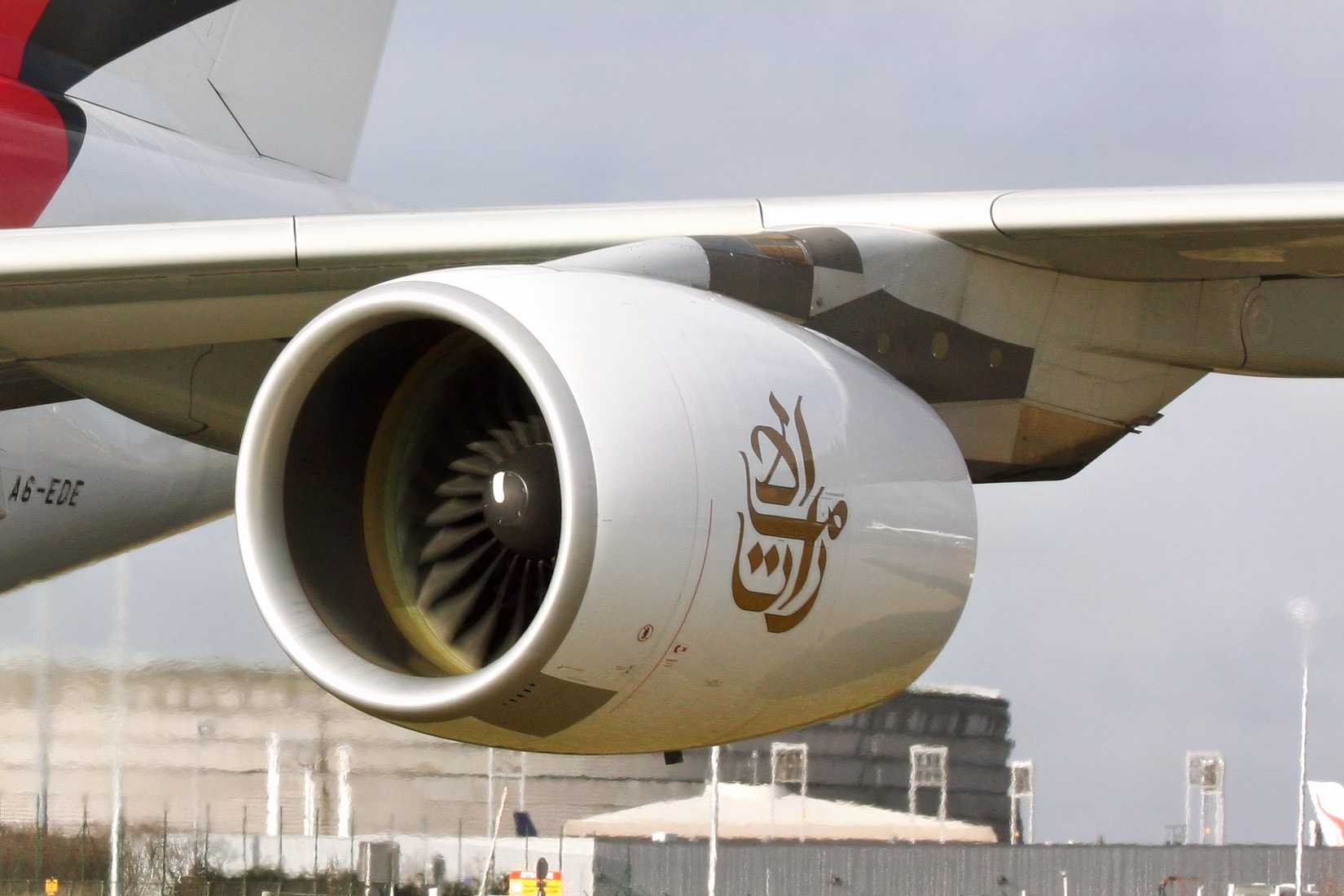 Engine Alliance GP7200 jet engines of an Emirates Airbus A380-800 (A6-EDE) at Charles de Gaulle Airport.