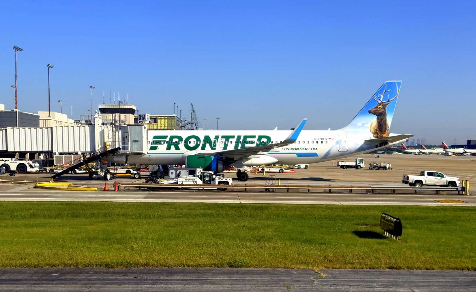 Frontier Airlines jetliners at the terminal at Hartsfield-Jackson Atlanta International Airport