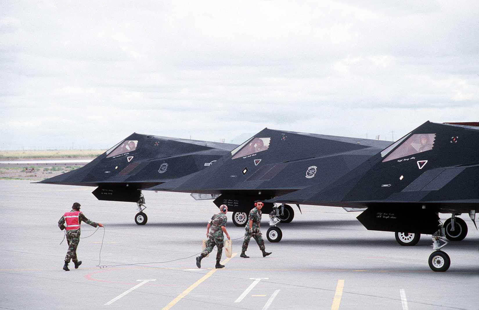 Ground crews prepare to launch F-117 Stealth Fighters from Holloman Air Force Base, N.M.
