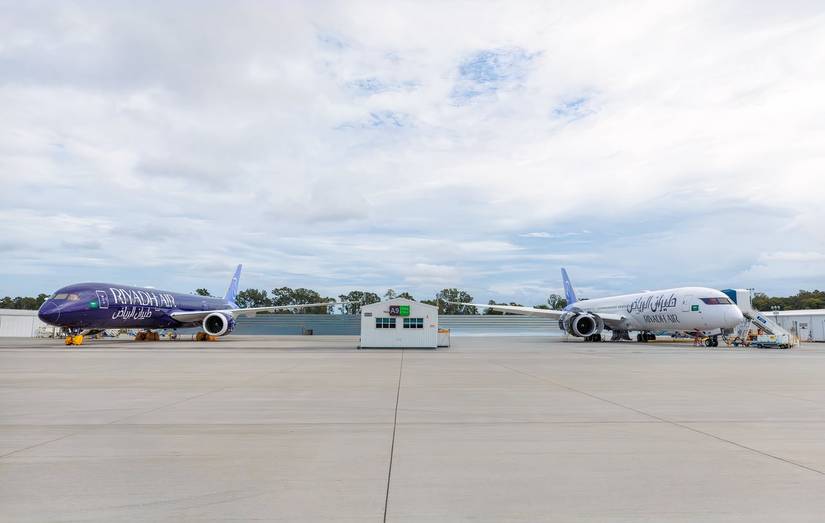 Two Riyadh Air 787-9s in purple and white livery