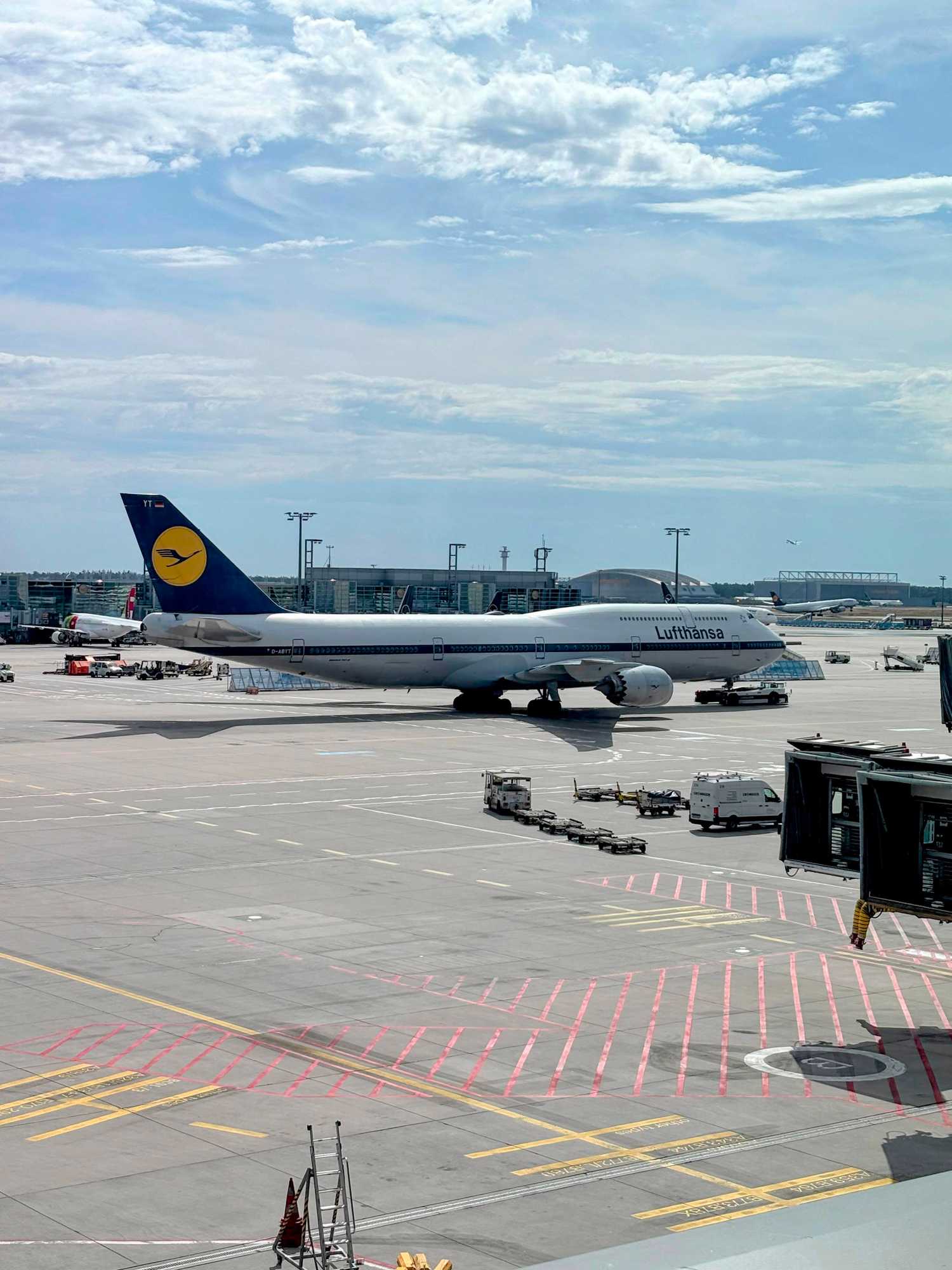 A Lufthansa 747-8 at Frankfurt International Airport painted in a retro livery