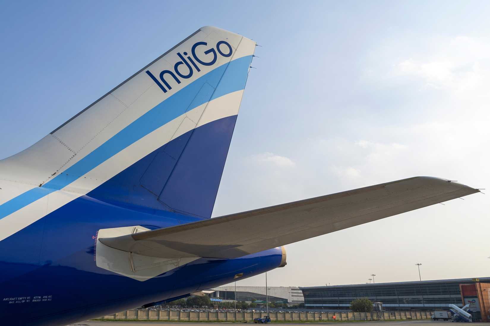 IndiGo livery on the tail of the Airbus A321neo aircraft in New Delhi airport.