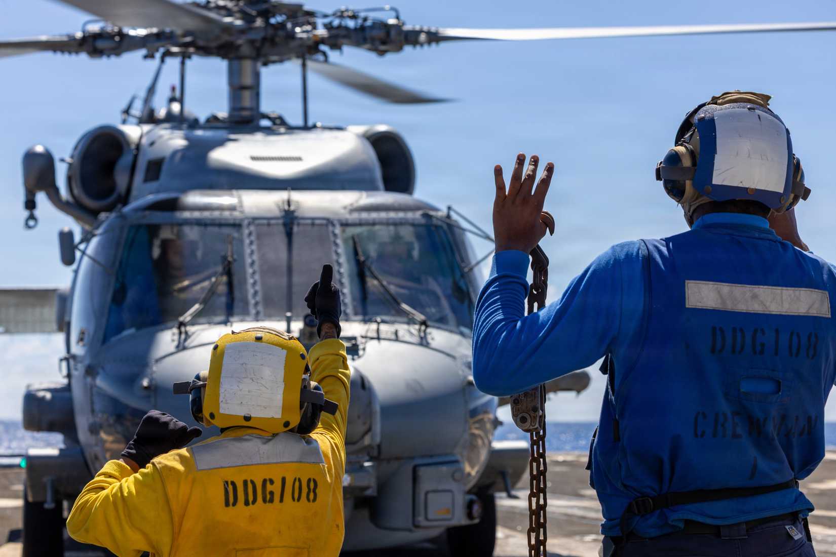 MH-60R Sea Hawk helicopter from the “Easyriders” of Helicopter Maritime Strike Squadron (HSM) 37 during flight operations on the flight deck of Arleigh Burke-class guided-missile destroyer USS Wayne E. Meyer (DDG 108)