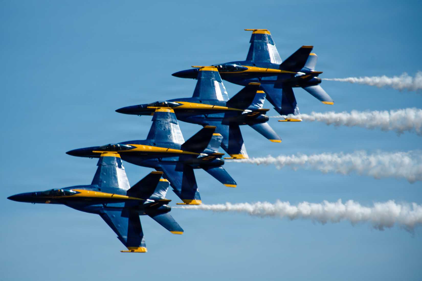 Navy aerial demonstration team, the Blue Angels, fly feet apart during the Oregon International Air Show, McMinnville, Ore., Aug. 16, 2026.