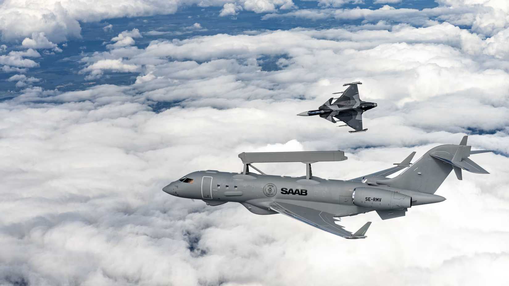 Saab GlobalEye AEW&C in formation with Gripen fighter jet