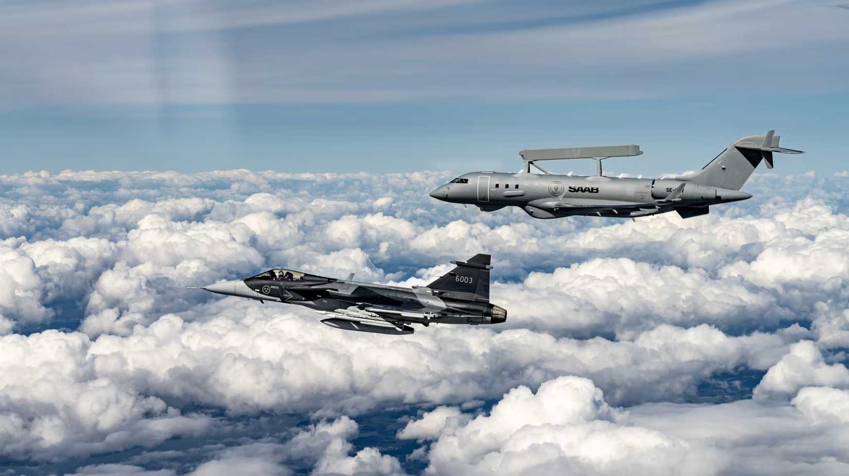 Saab GlobalEye AEW&C in formation with Gripen fighter