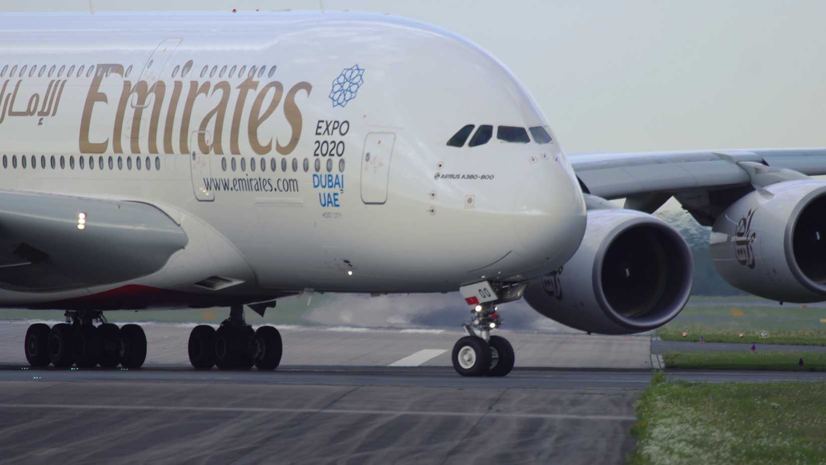 Close up of Emirates Airbus A380-800 taxiing 