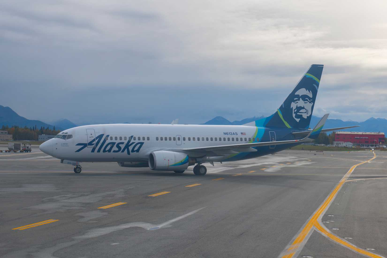 ALASKA, USA - SEP. 21, 2019: Alaska Airlines Boeing B737-700 N613AS at Ted Stevens Anchorage International Airport ANC, Anchorage, Alaska AK, USA.