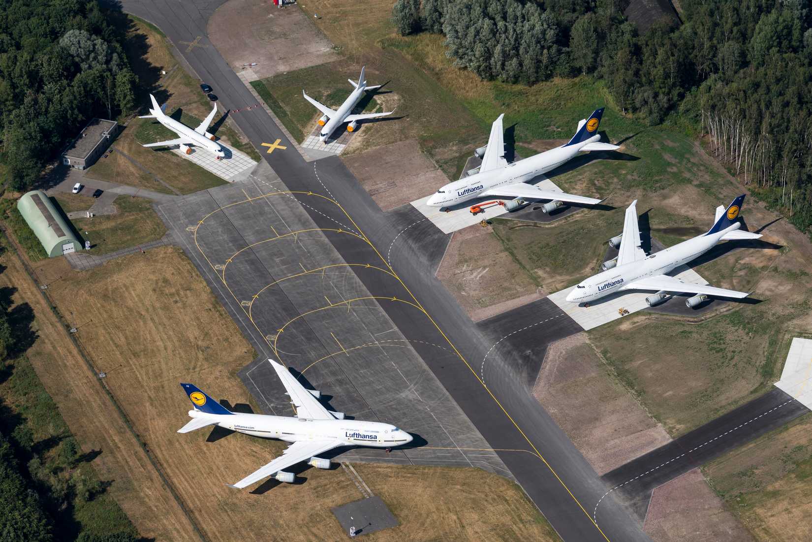 Aerial view of Lufthansa Boeing 747-400 aircraft parked at Twente Airport