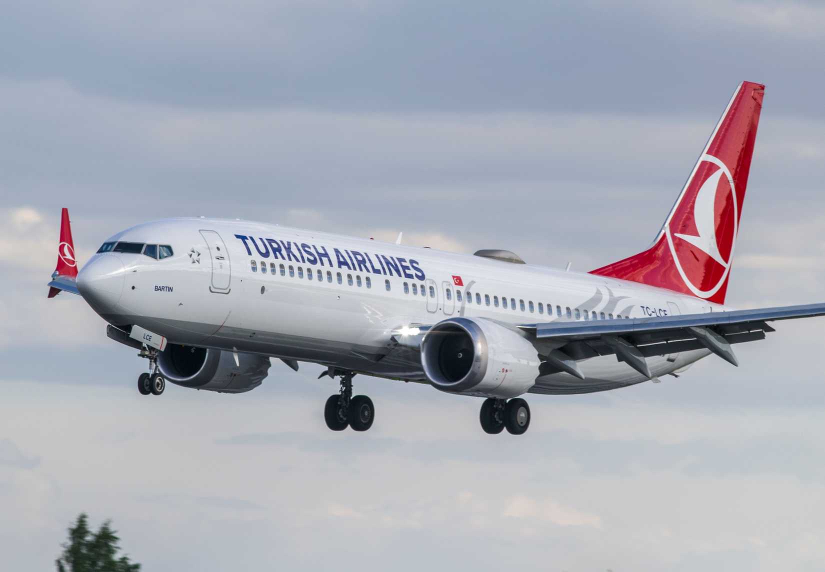 VILNIUS, LITHUANIA - MAY 30, 2021: Turkish Airlines Boeing 737 MAX 8 TC-LCE at Vilnius. Turkish Airlines and operates scheduled services to 315 destinations in Europe, Asia, Africa, and America.