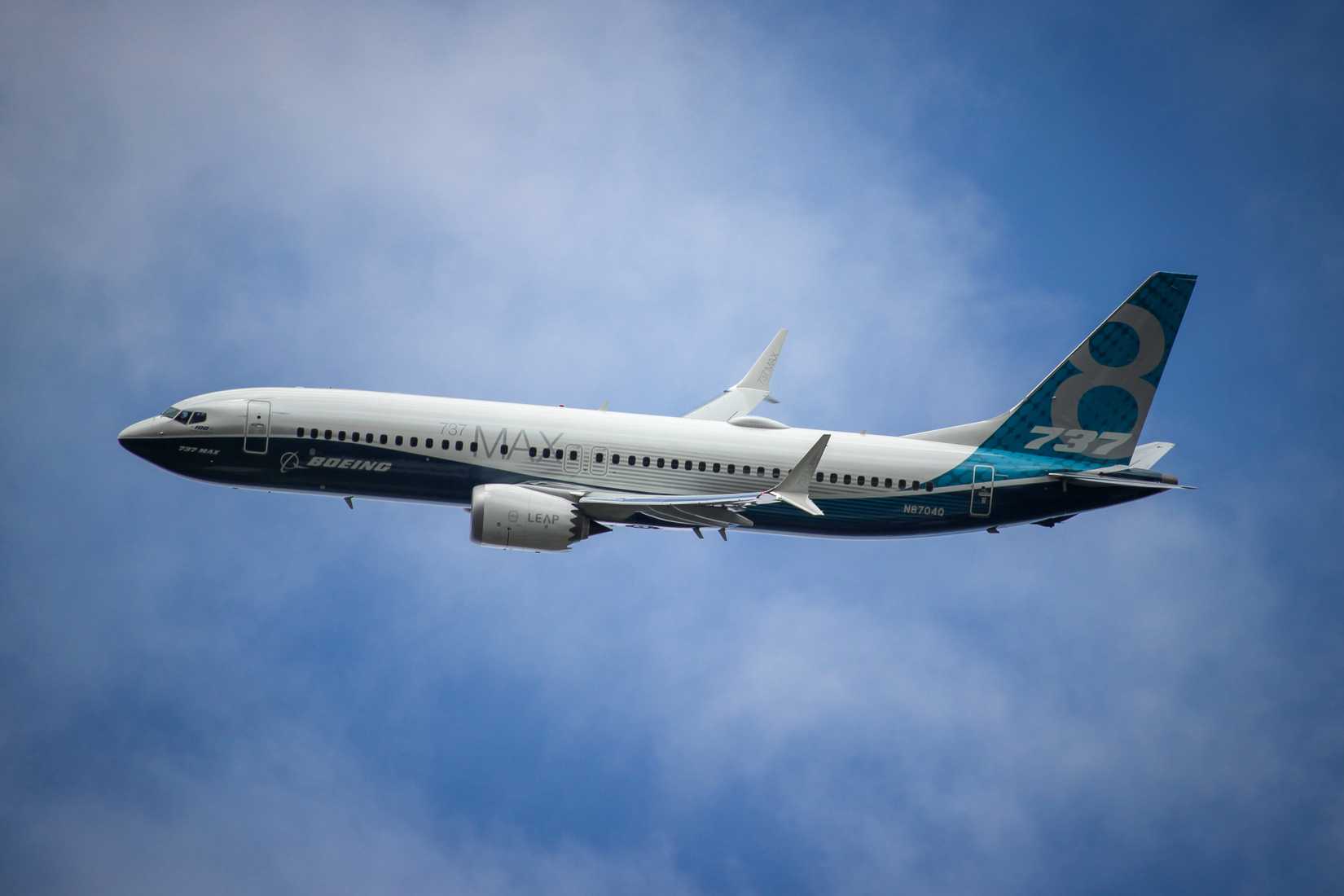 Farnborough, Hampshire, UK - July 13 2016: Boeing 737 Max displays at the Farnborough International Airshow 2016