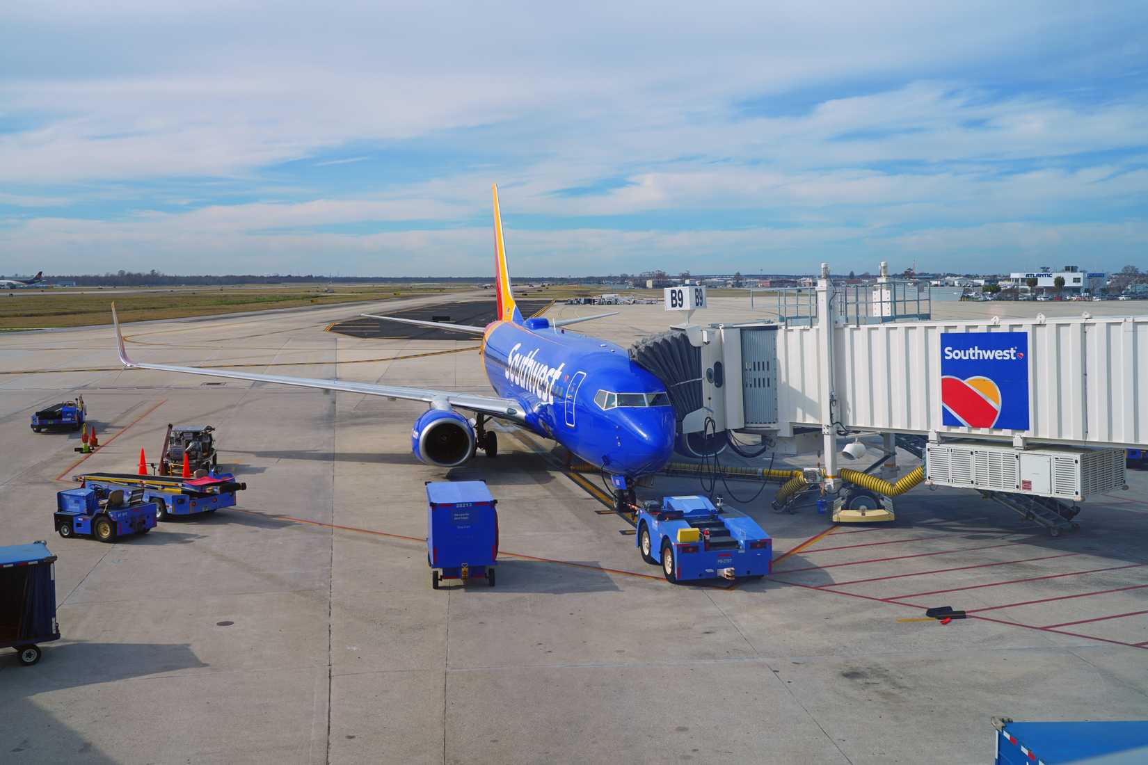 View of an airplane from Southwest Airlines (WN) at the Louis Armstrong New Orleans International Airport (MSY).