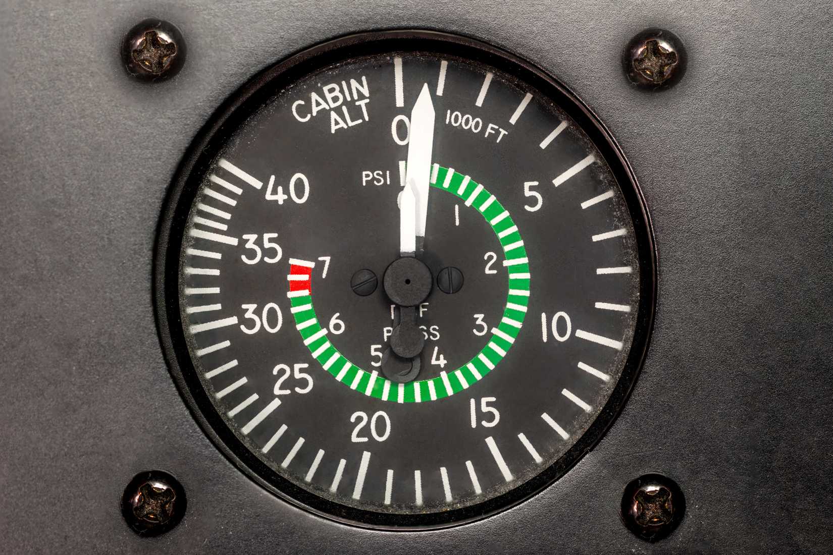 Cabin altitude gauge with analog needle indicator. Old school instrument showing internal aircraft pressure. Airplane dial in cockpit for pilot monitoring