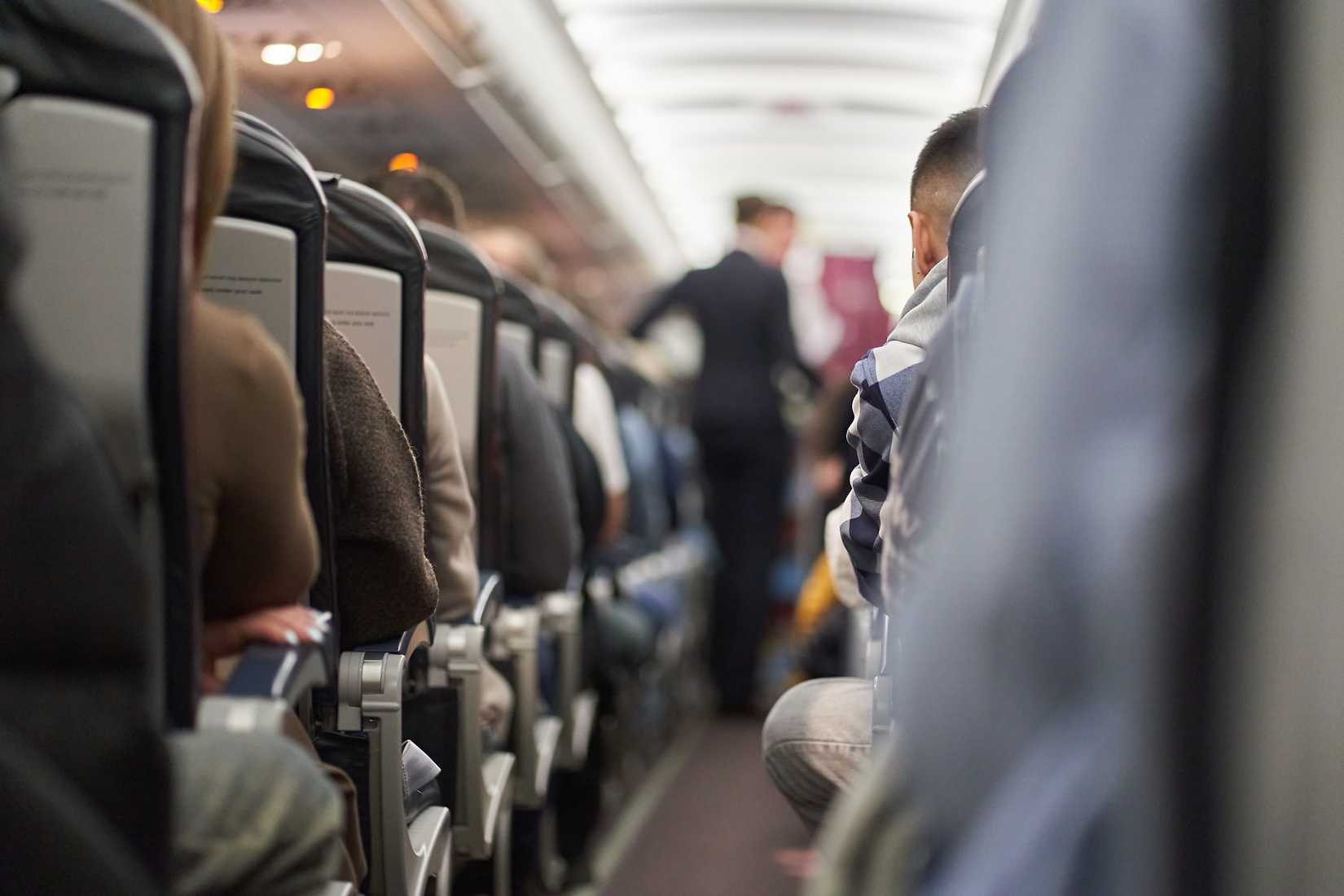 flight attendants working in full passenger cabin