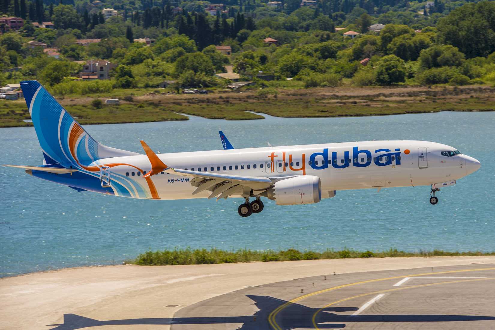 flydubai Boeing 737 MAX 8 aircraft landing at Corfu Airport