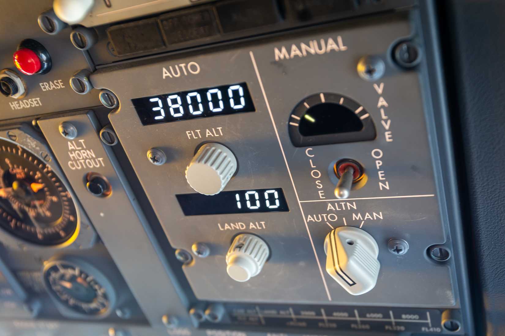 Dubai, UAE, 30.01.22. B737 Cabin Altitude and Cabin Pressure Control Panel inside cockpit of Boeing 737-800 NG passenger aircraft with Flight Altitude and Landing Altitude Controls.