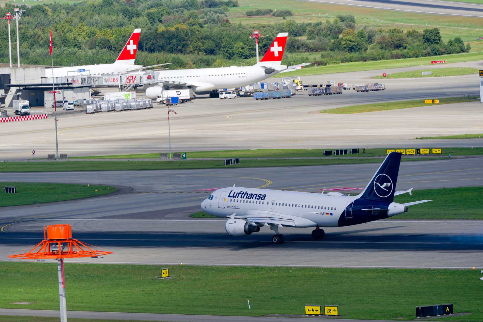 Lufthansa passenger airplane Airbus A319-100 registration D-AILF landing at Swiss Zurich Airport on a late summer day. Photo taken September 15th, 2025, Zurich Kloten, Switzerland.