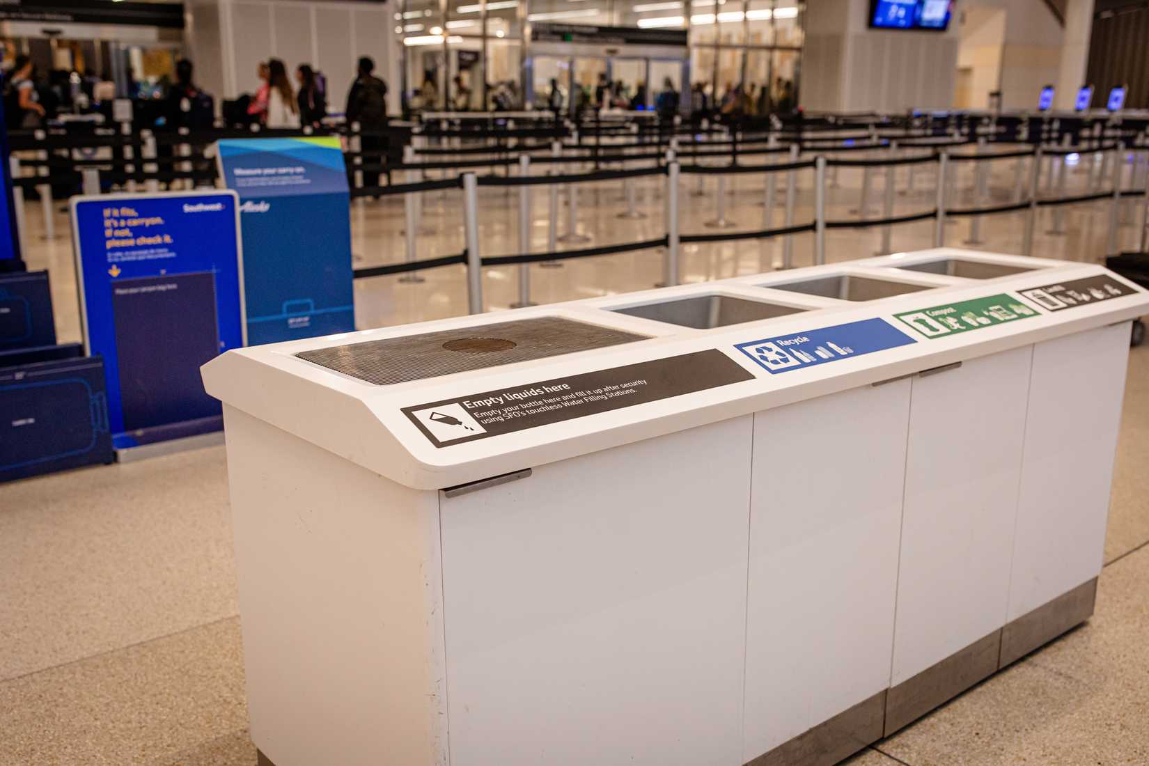 San Francisco, CA US - November 27, 2025: a liquid disposal station at an airport security checkpoint to empty liquids from containers that exceed the Transportation Security Administration's (TSA)