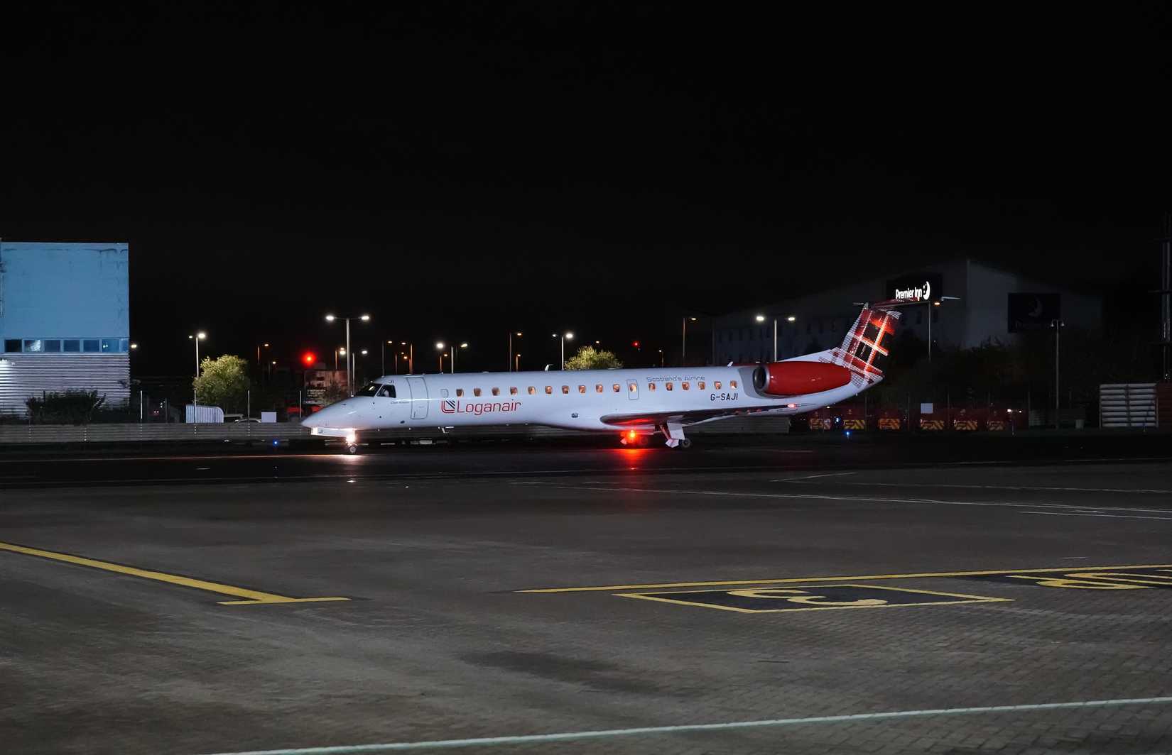 A Loganair Embraer regional jet, registration G-SAJI, at London Southend Airport