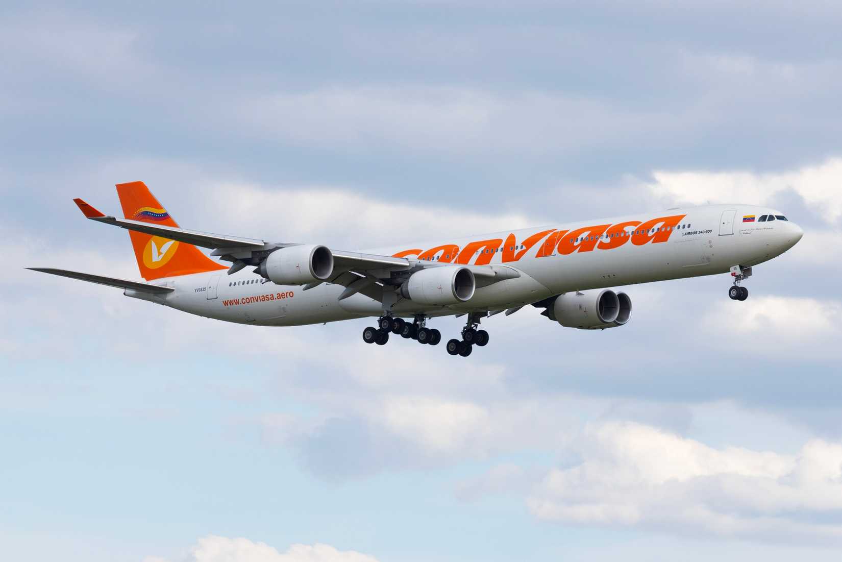 Vnukovo Airport, Moscow, Russia - July 31, 2022: Conviasa Airbus A340-600 widebody passenger airplane reg. YV3535 approaching runway 24 arriving from Caracas