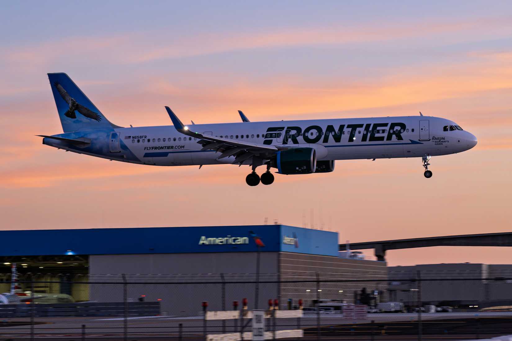 Frontier Airlines A321neo arriving at Phoenix during sunset