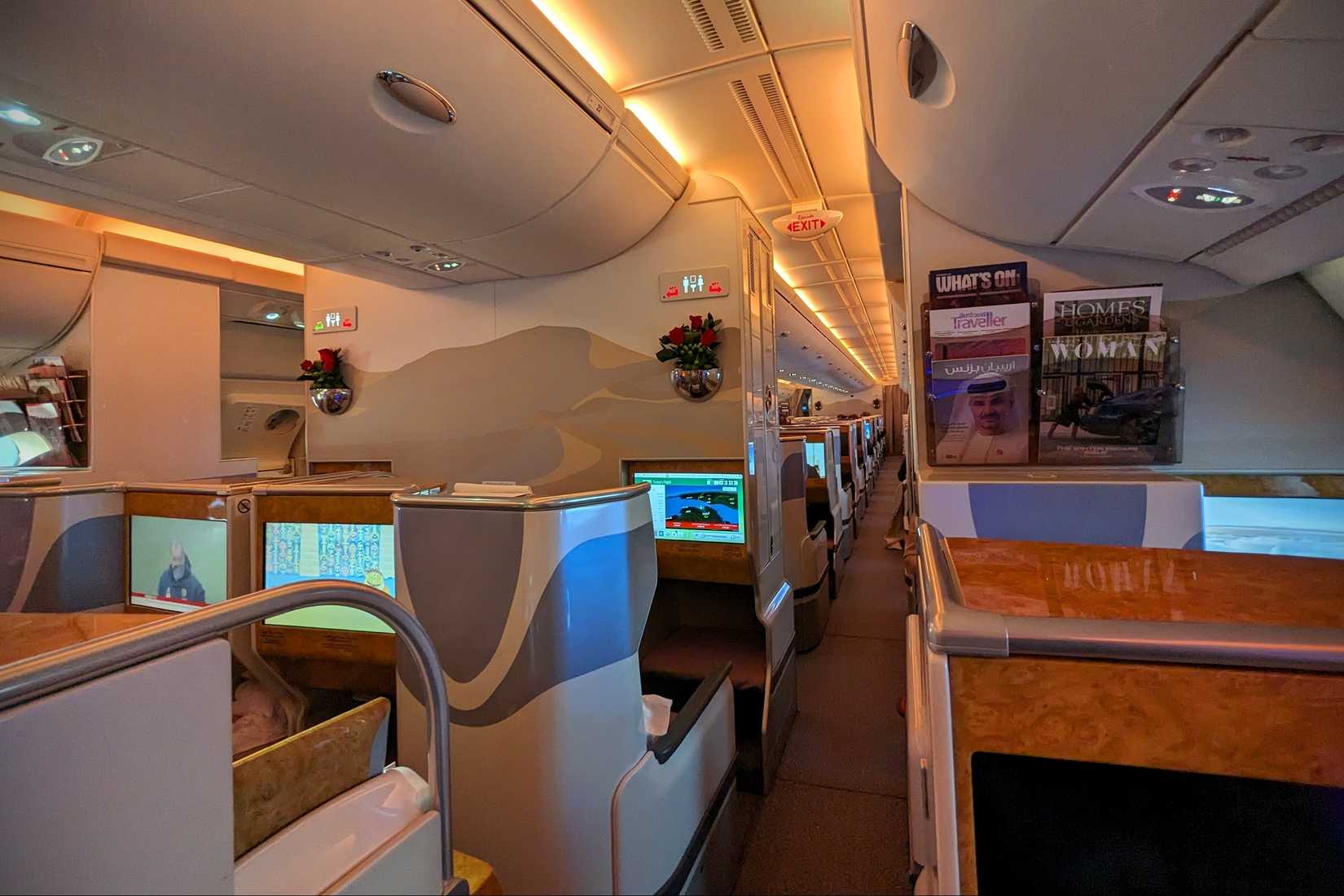 business class cabin of an Emirates Airbus A380