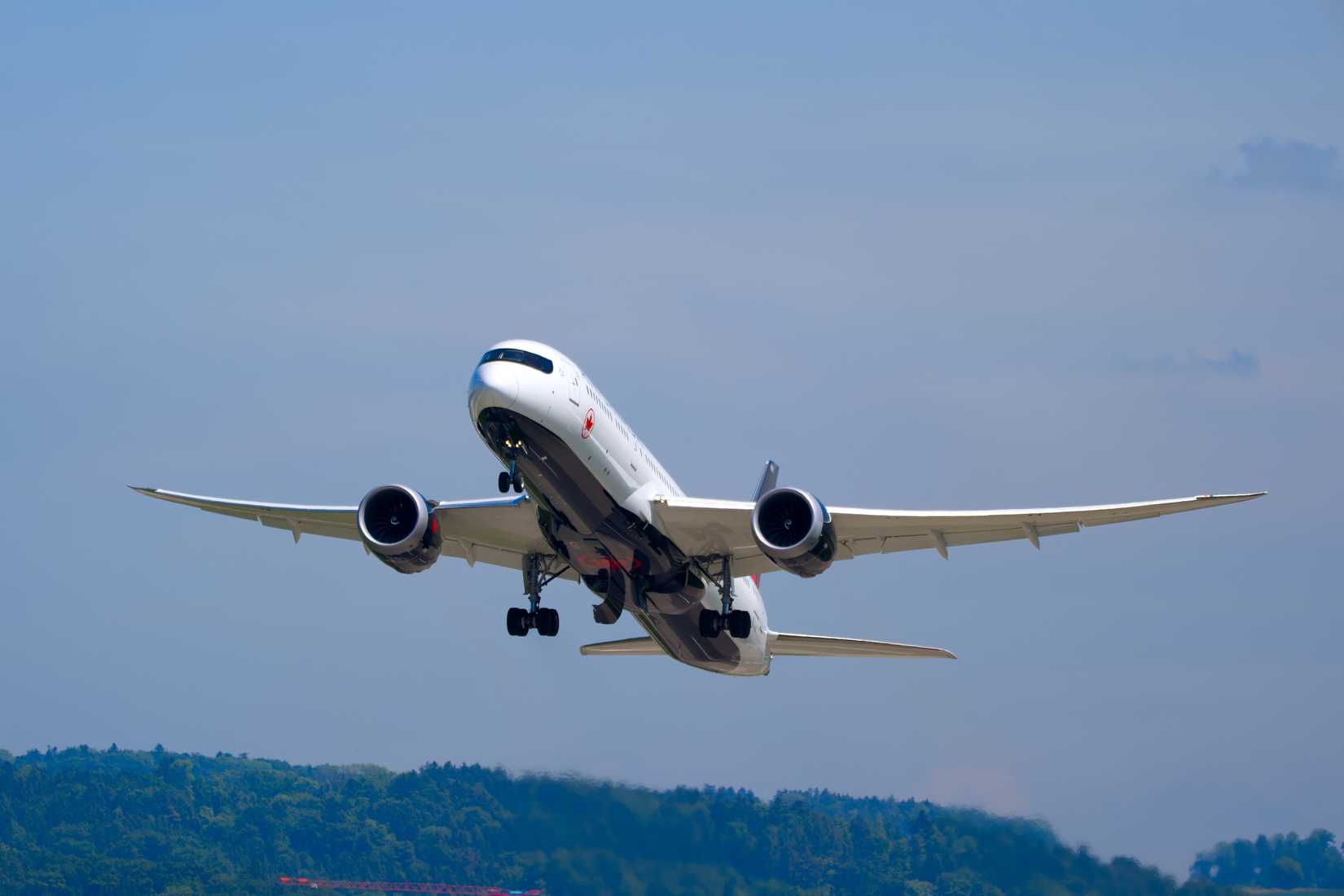Air Canada airplane type Boeing 787-9 Dreamliner registration C-FEGI taking off from Swiss Zürich Airport on a sunny spring day. Photo taken May 8th, 2026, Zurich Rümlang, Switzerland.
