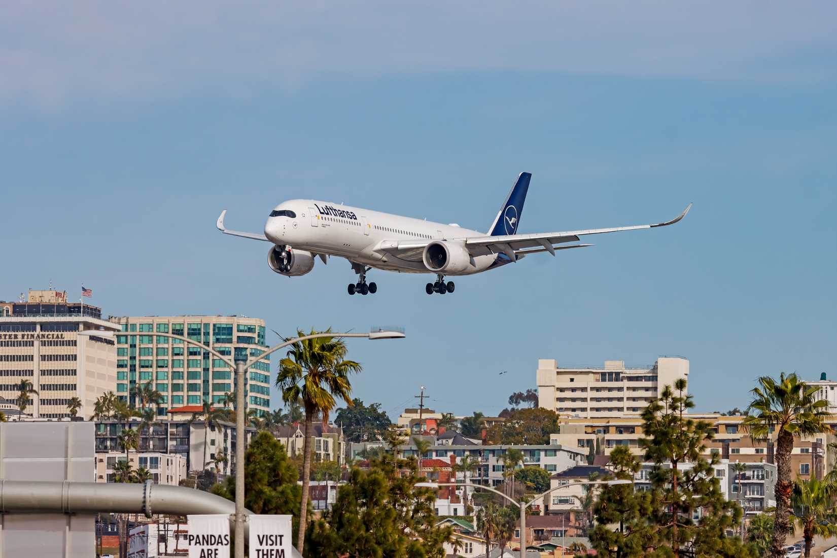 San Diego, CA, USA - Feb 17, 2025 : This Airbus A350-941 type code A359 is Operation by Lufthansa. The registration number is D-AIXQ. Landing at San Diego International Airport(LAS).