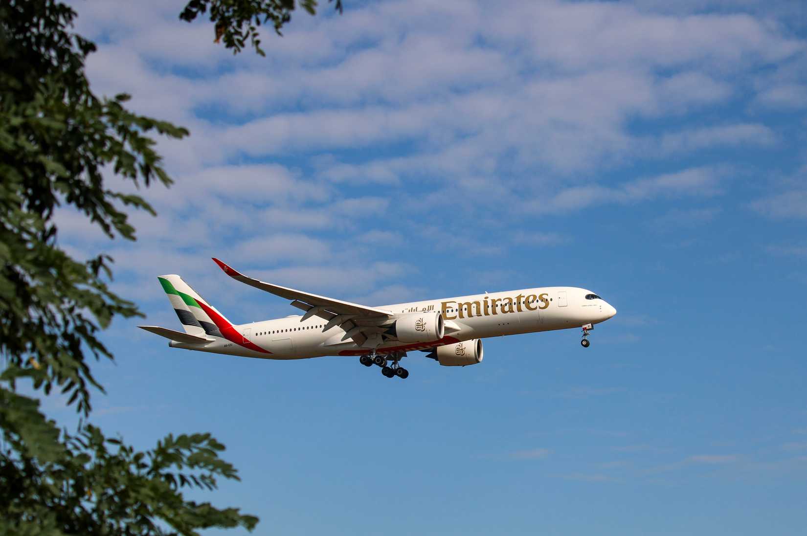Emirates Airbus A350-900 aircraft approaching Frankfurt Airport