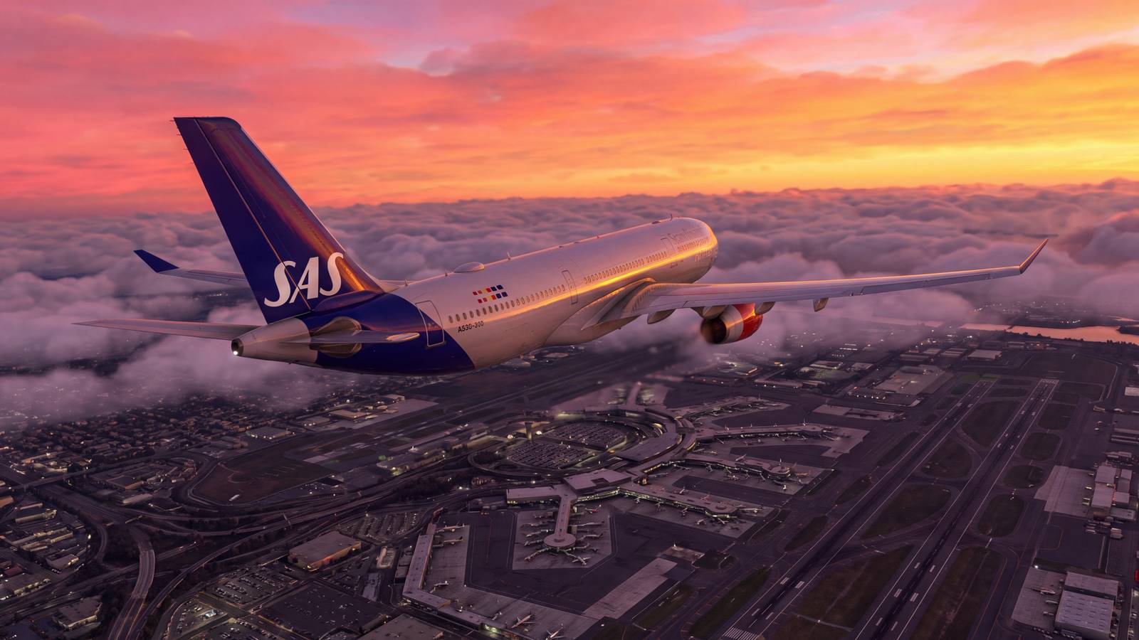 SAS Airbus A330-300 flying over Newark Liberty Airport