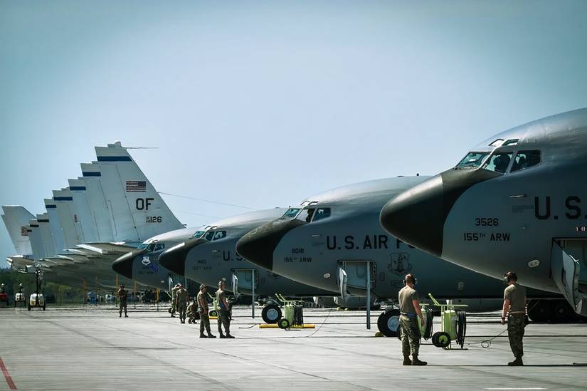The apron at Lincoln Airport in use by the 155th Air Refueling Wing.