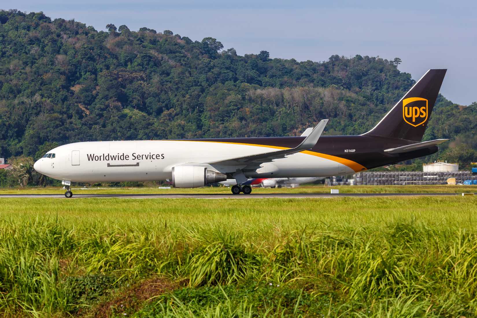 United Parcel Service Boeing 767-300F airplane at Penang Airport in Malaysia.