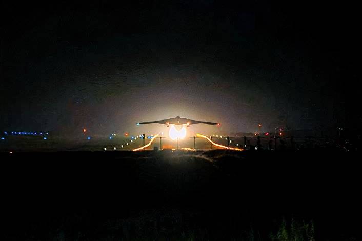 A photo of a B-2 taking off at night from Whiteman AFB, in support of Operation Midnight Hammer.